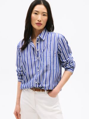 Poplin Oversized Button-Up Shirt, Marine Stripe