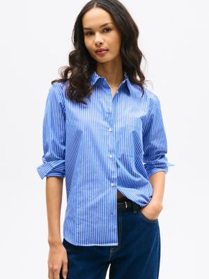 Poplin Oversized Button-Up Shirt, Blue Stripe