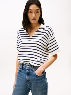 Stripe Short-Sleeve Polo Sweater, Ivory Petal / Dark Night Navy Stripe