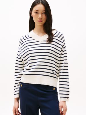 Mini-Stripe V-Neck Sweater, Ivory Petal / Dark Night Navy Stripe