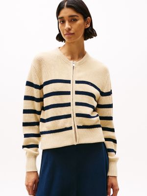 Stripe Zip Cardigan, Beige Stripe