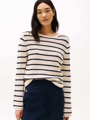 Crochet Sweater, Ivory Petal / Dark Night Navy Stripe