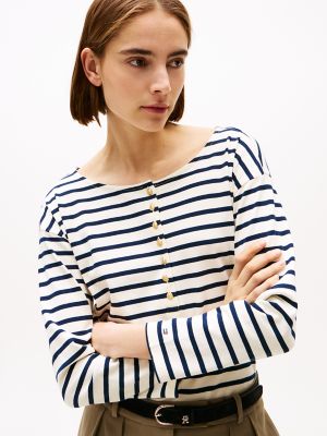 Relaxed Fit Gold-Button Henley, Calico / Dark Night Navy Stripe