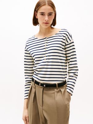 Relaxed Fit Gold-Button Henley, Calico / Dark Night Navy Stripe