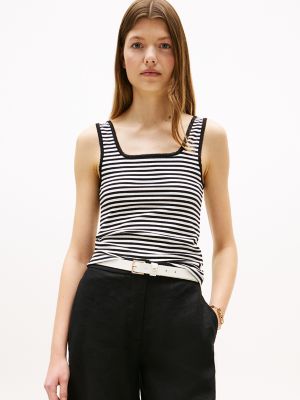 Striped Ribbed Tank Top, Ecru / Black Stripe