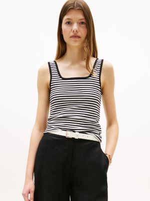 Striped Ribbed Tank Top, Ecru / Black Stripe