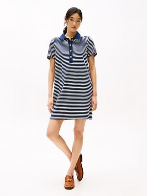 Gold Button Stripe Polo Dress, Ivory Petal / Dark Night Navy Stripe