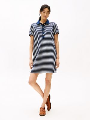Gold Button Stripe Polo Dress, Ivory Petal / Dark Night Navy Stripe