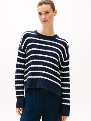 Chandail ras du cou en tricot torsadé, pétale ivoire / rayures bleu marine foncé nuit