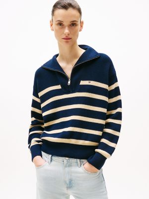 Half-Zip Stripe Sweater, White Stripe