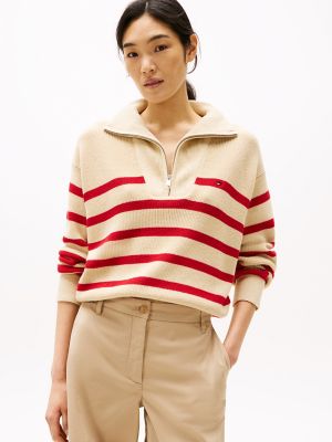 Half-Zip Stripe Sweater, Country Ivory / Primary Red Stripe