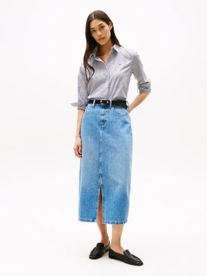 High-Rise Denim Midi Skirt, Blue
