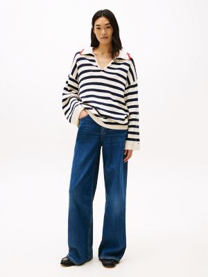 Stripe Eyelet Polo Sweater, Dark Night Navy Stripe