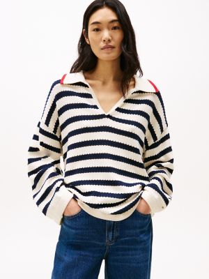 Stripe Eyelet Polo Sweater, Dark Night Navy Stripe