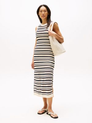 Sleeveless Crochet Midi Dress, Desert Sand / Navy Stripe