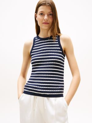Cable Knit Sweater Tank, Dark Night Navy / Ivory Stripe