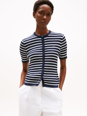 Short-Sleeve Cable Knit Cardigan, Dark Night Navy / Ivory Stripe