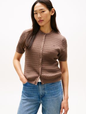 Short-Sleeve Cable Knit Cardigan, Hot Coco