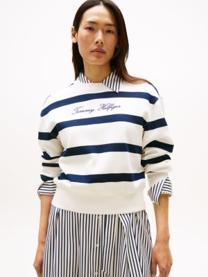 Embroidered Logo Pique Sweatshirt, Ivory Silk / Dark Night Navy Stripe