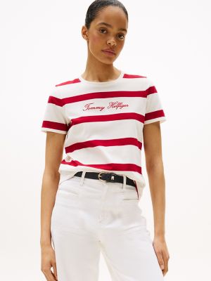 Embroidered Script Logo T-Shirt, Breton Ivory Stripe / Medium Red