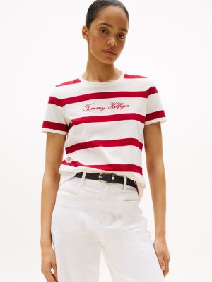 Embroidered Script Logo T-Shirt, Breton Ivory Stripe / Medium Red