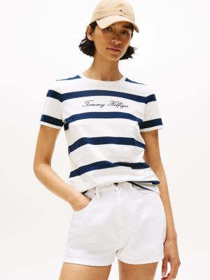 Embroidered Script Logo T-Shirt, Ivory Stripe / Dark Night Navy