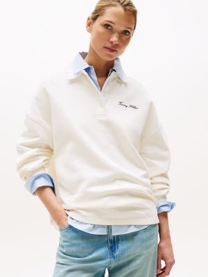 Embroidered Logo Pique Rugby Sweatshirt, Ivory Silk