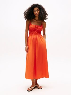 Sleeveless Smocked Midi Dress, Brilliant Orange