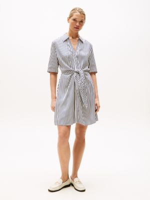 Knotted V-Neck Dress, Ivory Silk / Dark Night Navy Stripe