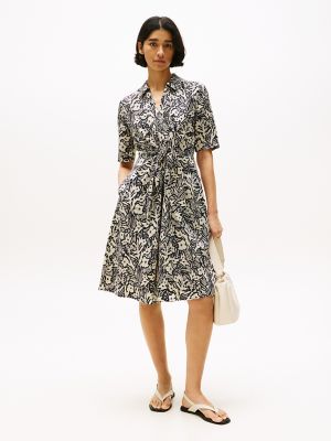 Linen-Blend Tie-Front Short-Sleeve Dress, Tropical Floral / Black
