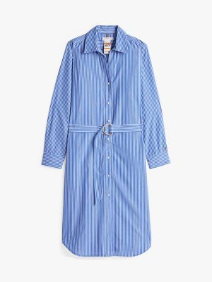 Relaxed Fit Belted Poplin Shirtdress, Blue Stripe