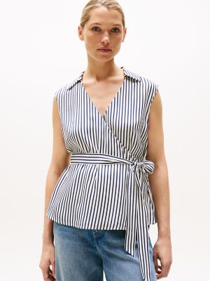 Sleeveless V-Neck Wrap Top, Textured Stripe / Dark Night Navy