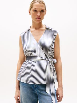 Sleeveless V-Neck Wrap Top, Textured Stripe / Dark Night Navy