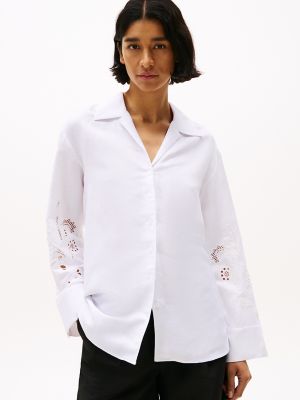 Eyelet Linen-Blend Shirt, Optic White