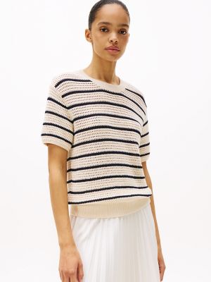 Short-Sleeve Crochet Sweater, Ivory Petal / Dark Night Navy Stripe