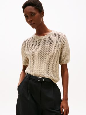 Short-Sleeve Crochet Sweater, Sandalwood