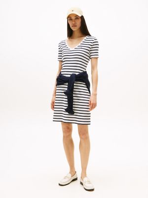 Striped Ribbed V-Neck T-Shirt Dress, Breton Stripe Navy / Ecru