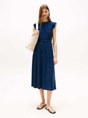 Flutter-Sleeve Jersey Midi Dress, Dark Night Navy