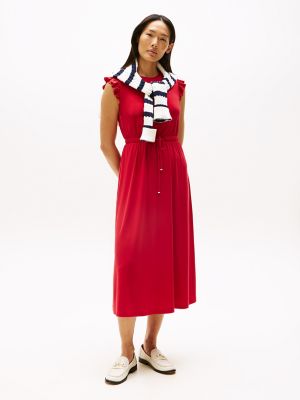 Flutter-Sleeve Jersey Midi Dress, Medium Red