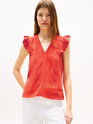 Muslin Flutter-Sleeve Top, Brilliant Orange
