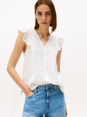 Muslin Flutter-Sleeve Top, Ecru
