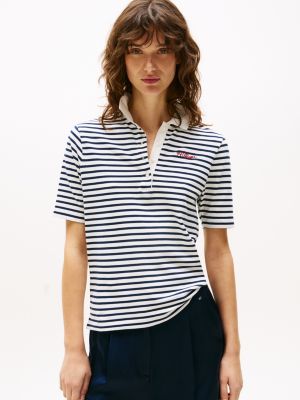 Slim Fit Script Logo Stretch-Cotton Polo, Ivory Petal / Navy Stripe