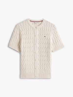 Cable Knit Short-Sleeve Cardigan, Heather Ivory Petal