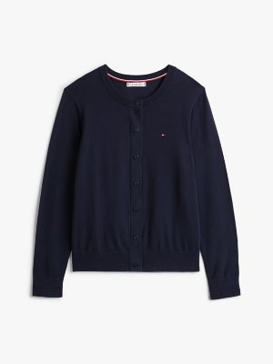 Cotton-Blend Crewneck Cardigan, Dark Night Navy