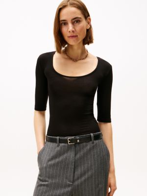 Half-Sleeve Scoop-Neck Top, Black