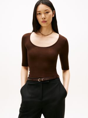 Half-Sleeve Scoop-Neck Top, Dark Coffee