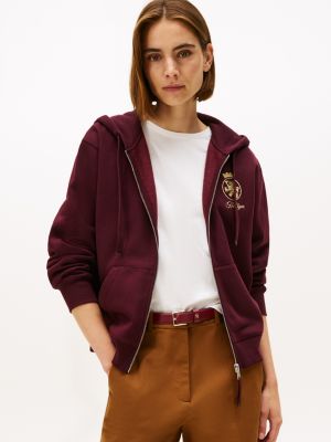 Gold Crest Logo Zip Hoodie, Deep Burgundy
