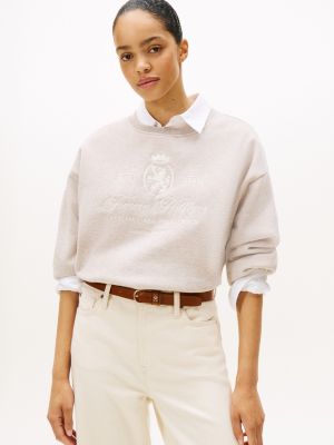 Embroidered Script Crest Logo Sweatshirt, Heathered Pebble