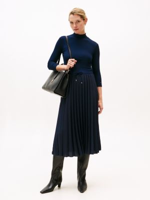 Pleated Mix Media Midi Dress, Dark Night Navy