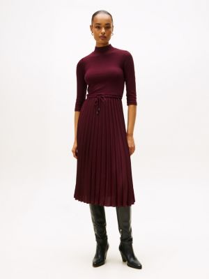 Pleated Mix Media Midi Dress, Deep Burgundy